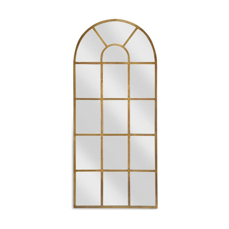 Imoma Iron Arched Full Length Mirror in antiqued brass, with window-pane style glazing bars across rectangular panes and a fanned arch top, shown against a plain white background.