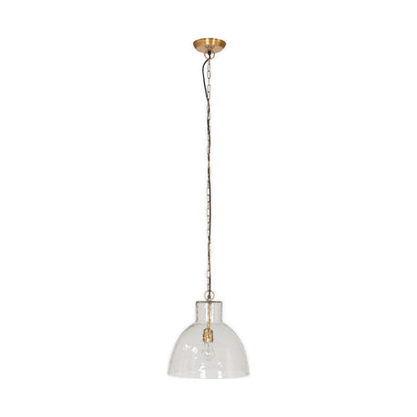 Inayah Recycled Glass Pendant Light in clear hammered glass with a dome shade, brass ceiling rose, chain, and fitting, shown on a plain white background.