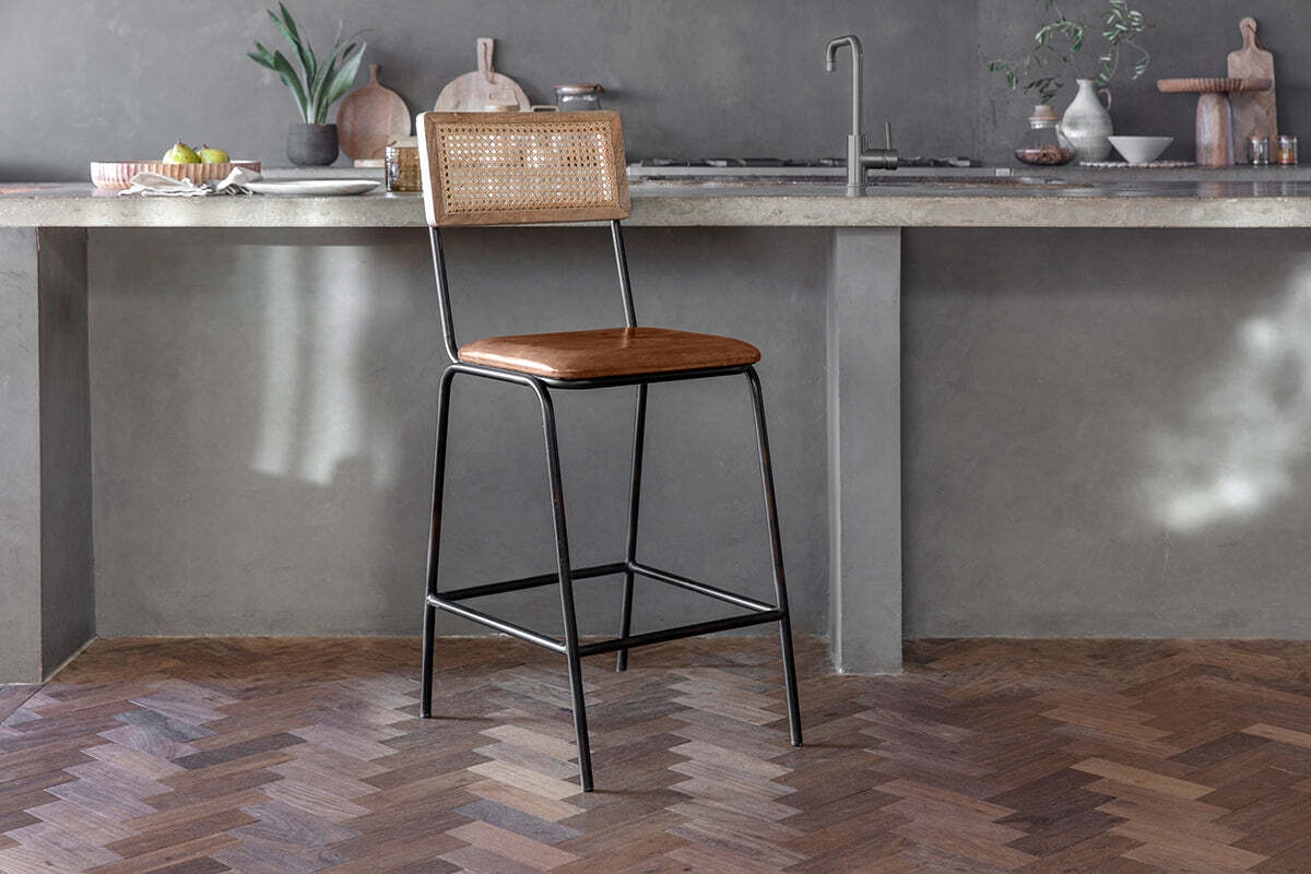 Iswa Leather & Cane Counter Stool - Tan