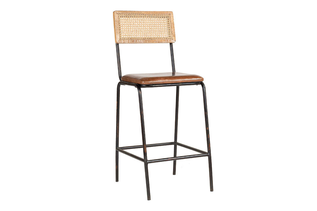 Iswa Leather & Cane Counter Stool - Tan
