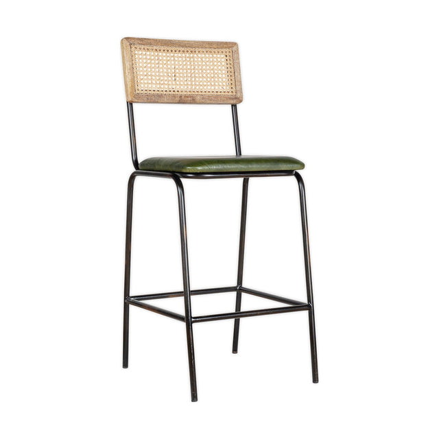 Iswa Leather & Cane Counter Stool - Rich Green