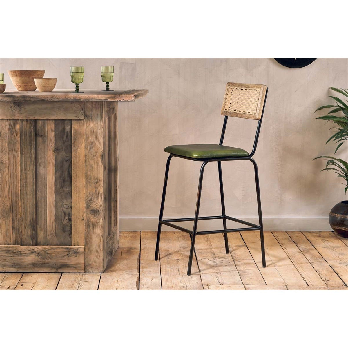 Iswa Leather & Cane Counter Stool - Rich Green