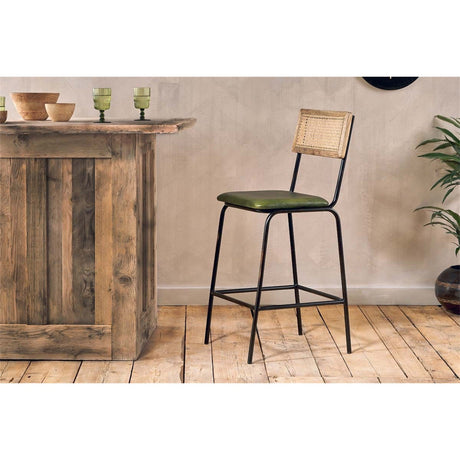 Iswa Leather & Cane Counter Stool - Rich Green