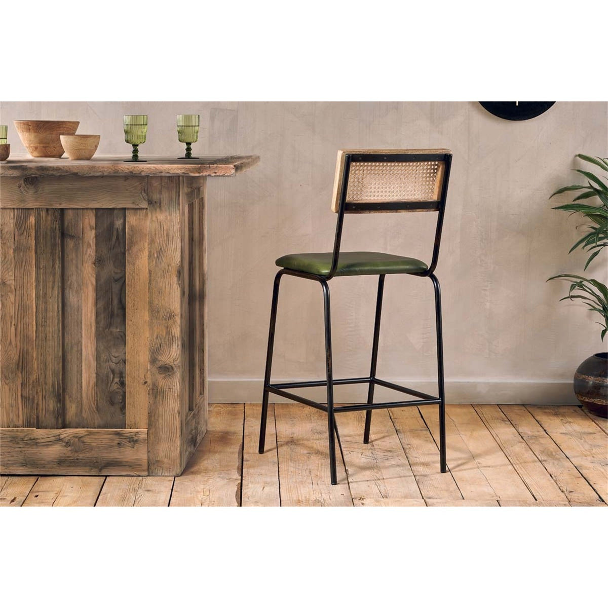 Iswa Leather & Cane Counter Stool - Rich Green