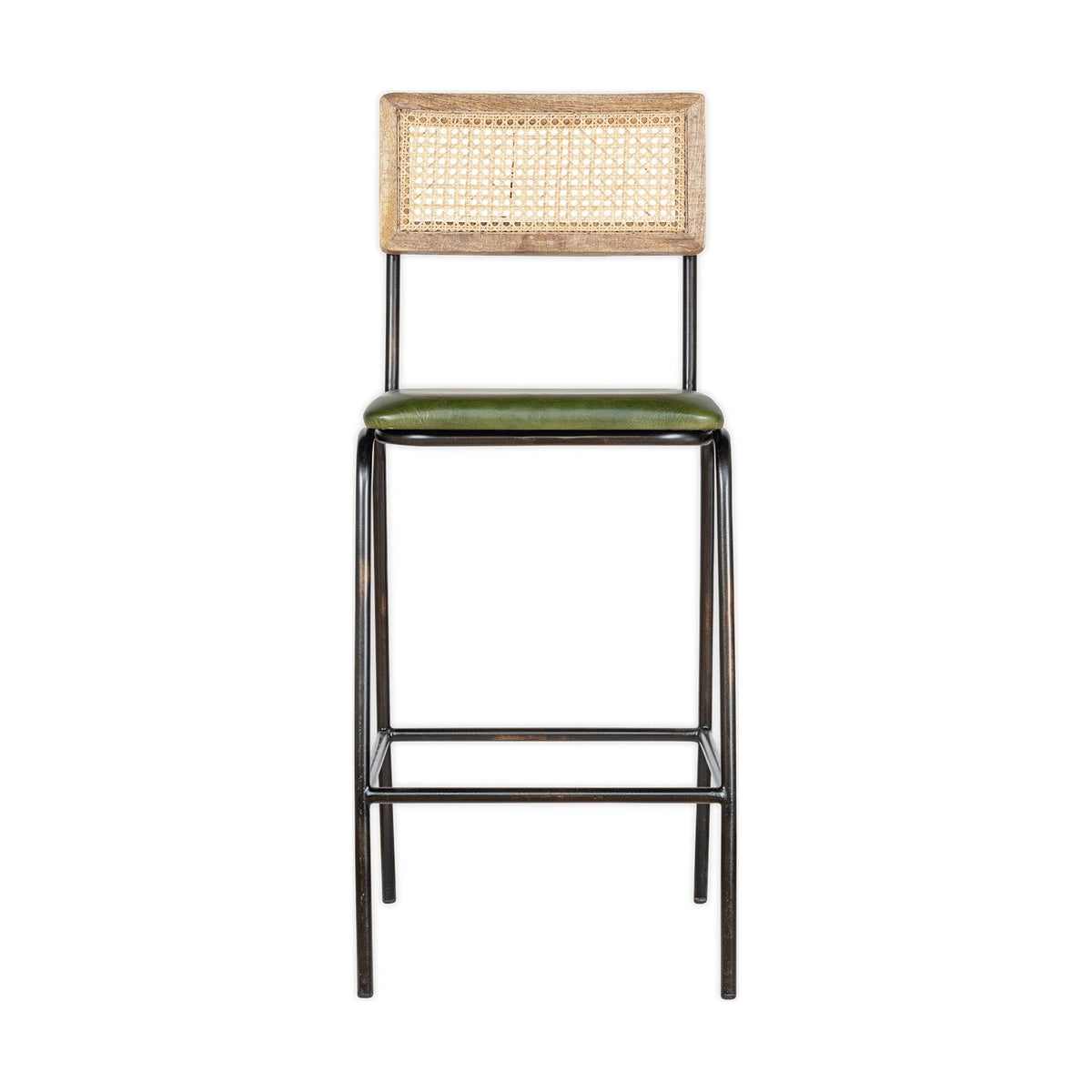 Iswa Leather & Cane Counter Stool - Rich Green