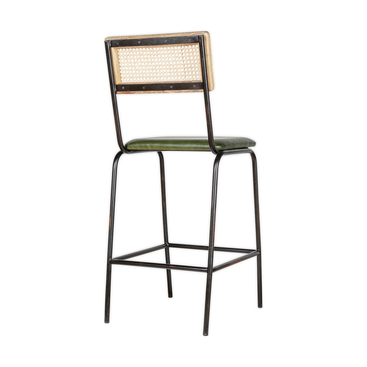 Iswa Leather & Cane Counter Stool - Rich Green