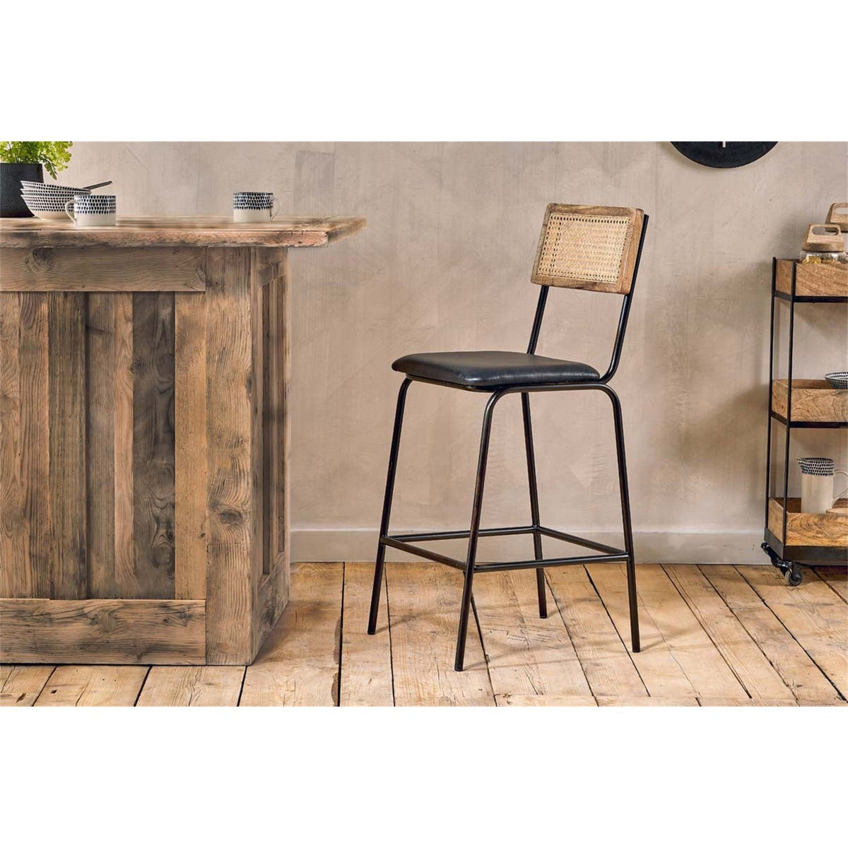 Iswa Leather & Cane Counter Stool - Aged Black