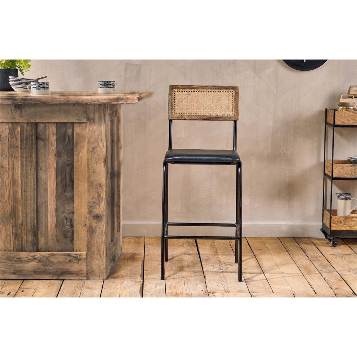 Iswa Leather & Cane Counter Stool - Aged Black