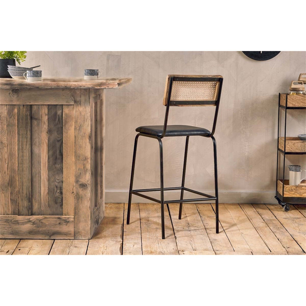 Iswa Leather & Cane Counter Stool - Aged Black