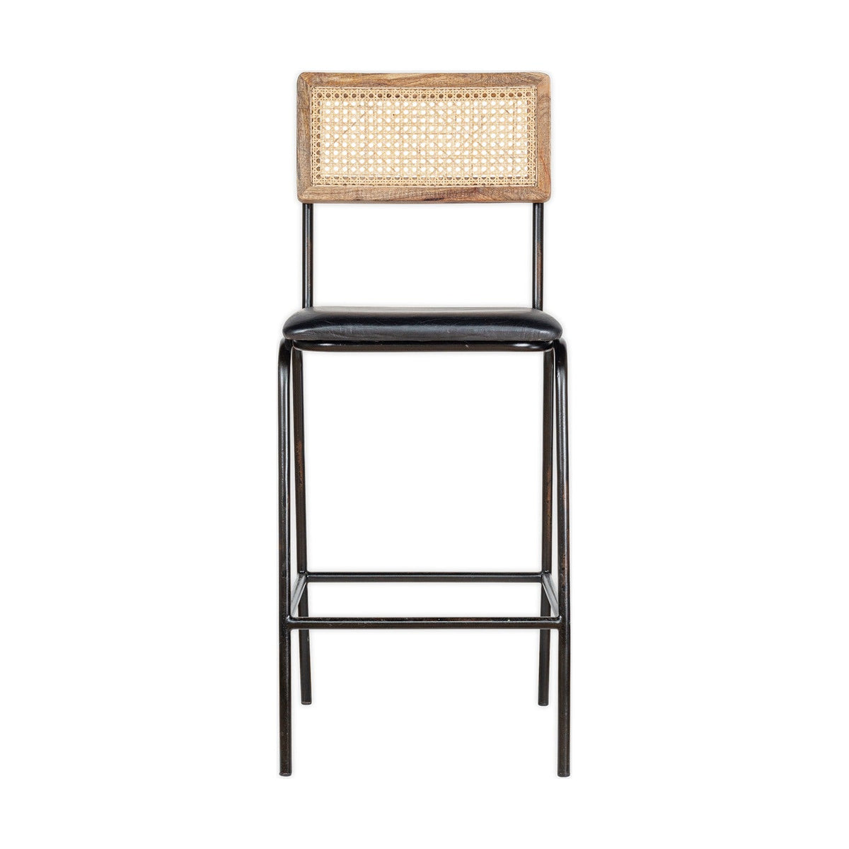 Iswa Leather & Cane Counter Stool - Aged Black