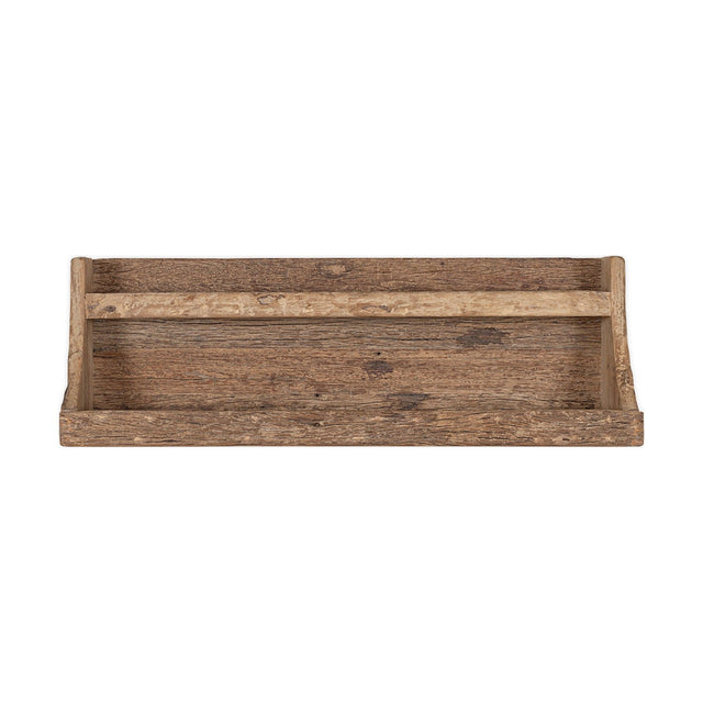 Ibo Reclaimed Wood Wall Shelf in natural tone, two-tier design with a deep lower shelf, raised front edge, and curved side supports, shown on a plain white background.