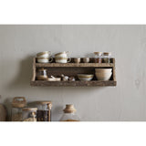 Ibo Reclaimed Wood Wall Shelf in natural finish, two-tier design holding mugs, jars, and bowls, mounted on a light grey kitchen wall.