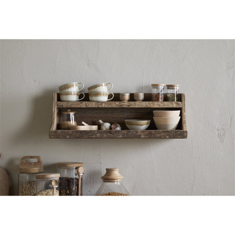 Ibo Reclaimed Wood Wall Shelf in natural finish, two-tier design holding mugs, jars, and bowls, mounted on a light grey kitchen wall.