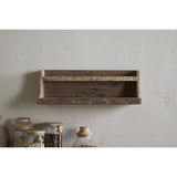 Ibo Reclaimed Wood Wall Shelf in natural finish, a two-tier rustic design with curved side supports, mounted above kitchen jars against a plain wall.