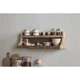 Ibo Reclaimed Wood Wall Shelf in natural finish, two-tier design with curved side brackets, mounted on a kitchen wall holding mugs, jars, bowls and garlic.