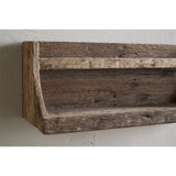 Ibo Reclaimed Wood Wall Shelf in natural finish, close-up of the two-tier design with raised front edge, pale front rail, and curved side supports, mounted on a plain wall.