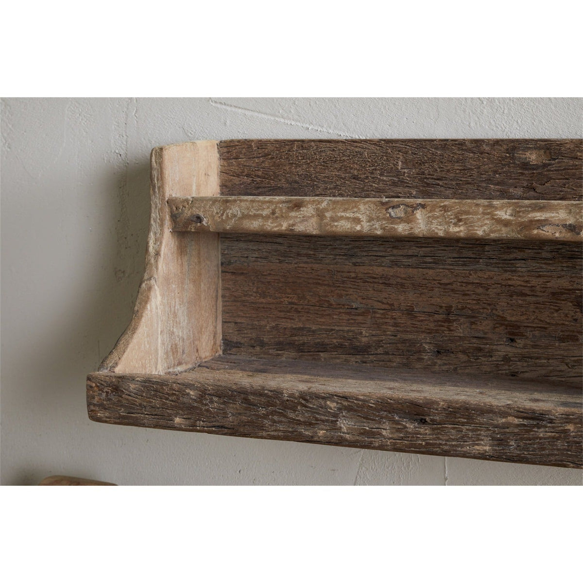 Ibo Reclaimed Wood Wall Shelf in natural finish, close-up of two-tier design with curved side support and raised front edge, mounted on a plain wall.