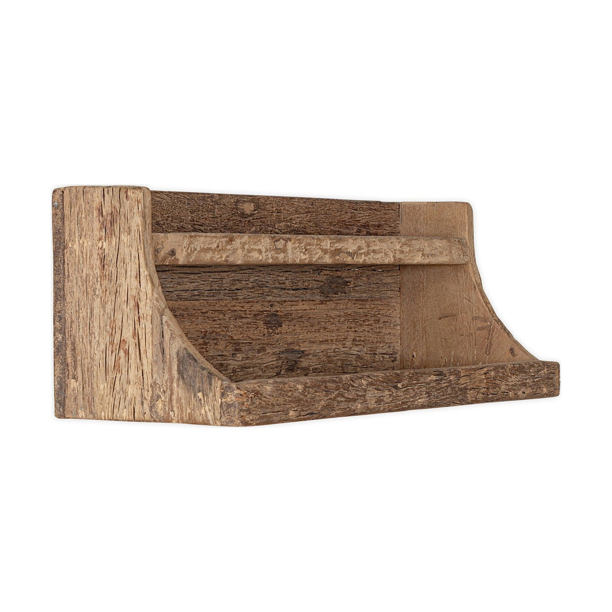 Ibo Reclaimed Wood Wall Shelf in natural finish, a two-tier design with curved side supports and a raised front edge on the deeper lower shelf, shown on a plain white background.