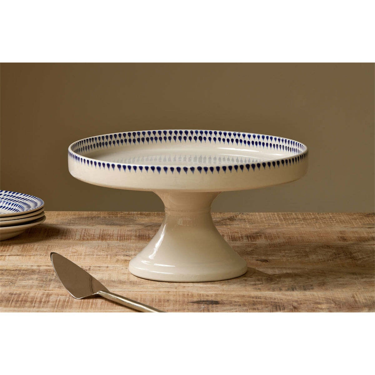 Indigo Drop Ceramic Cake Stand - Cream & Indigo