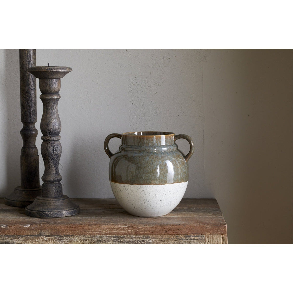 Inha Reactive Glaze Ceramic Vase - Dark Olive & Natural