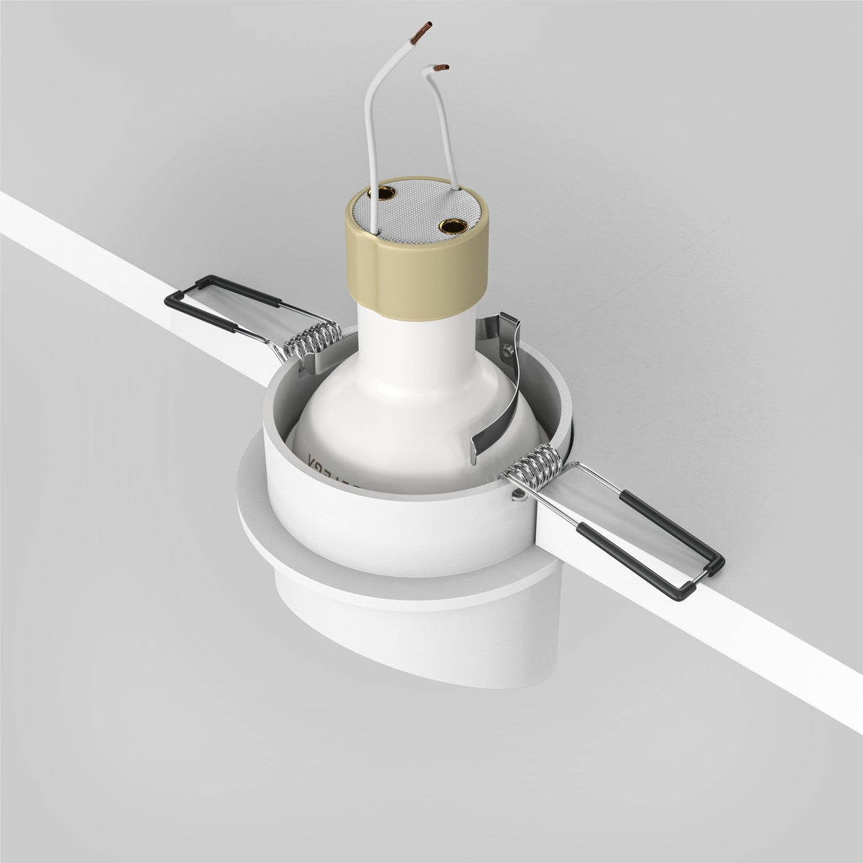 The Lipari Fixed Recessed Downlight in White & Gold combines minimalist elegance with a ceiling-mounted design, perfect for focused lighting. It includes exposed wiring and metal clips for easy installation, set against a sophisticated gray background.
