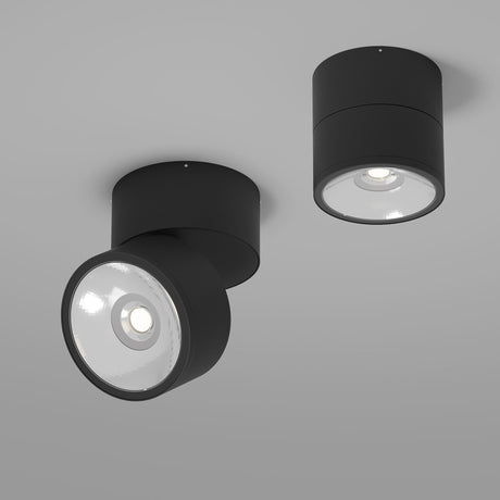 Two Spin Outdoor LED Single Spotlights in graphite against a white background. One, with 360° adjustment, is angled downward; the other faces down directly. Both have cylindrical shapes and emit bright white light (12W, 3000K), perfect for versatile setups.