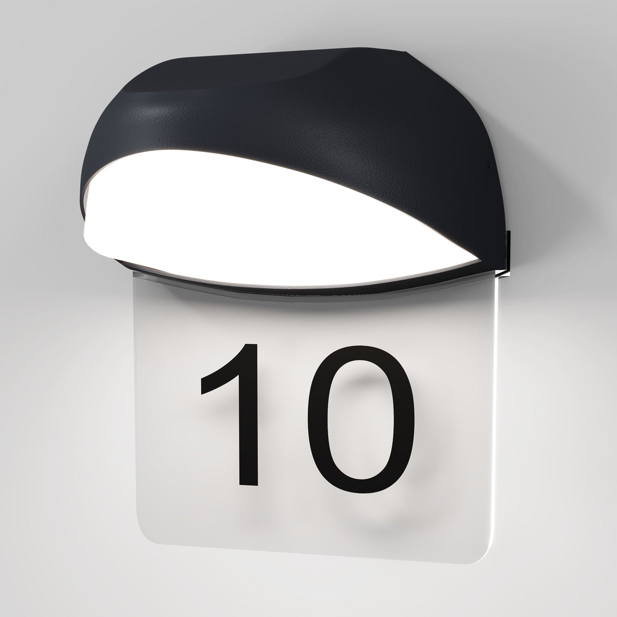 The Gloss Outdoor LED Wall Light - Graphite is a modern wall-mounted lamp with an energy-efficient LED, featuring a clear panel displaying the number 10 in bold black font. It offers a sleek, curved design with a graphite finish and boasts an IP65 protection rating for durability.