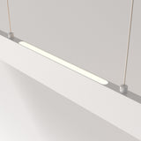 The Step LED Long Linear Suspension Light 3000K 30W - White features SMD LED technology and a minimalist, slim design, suspended by two cables. It emits a soft, warm glow on a plain white background, enhancing its modern elegance.