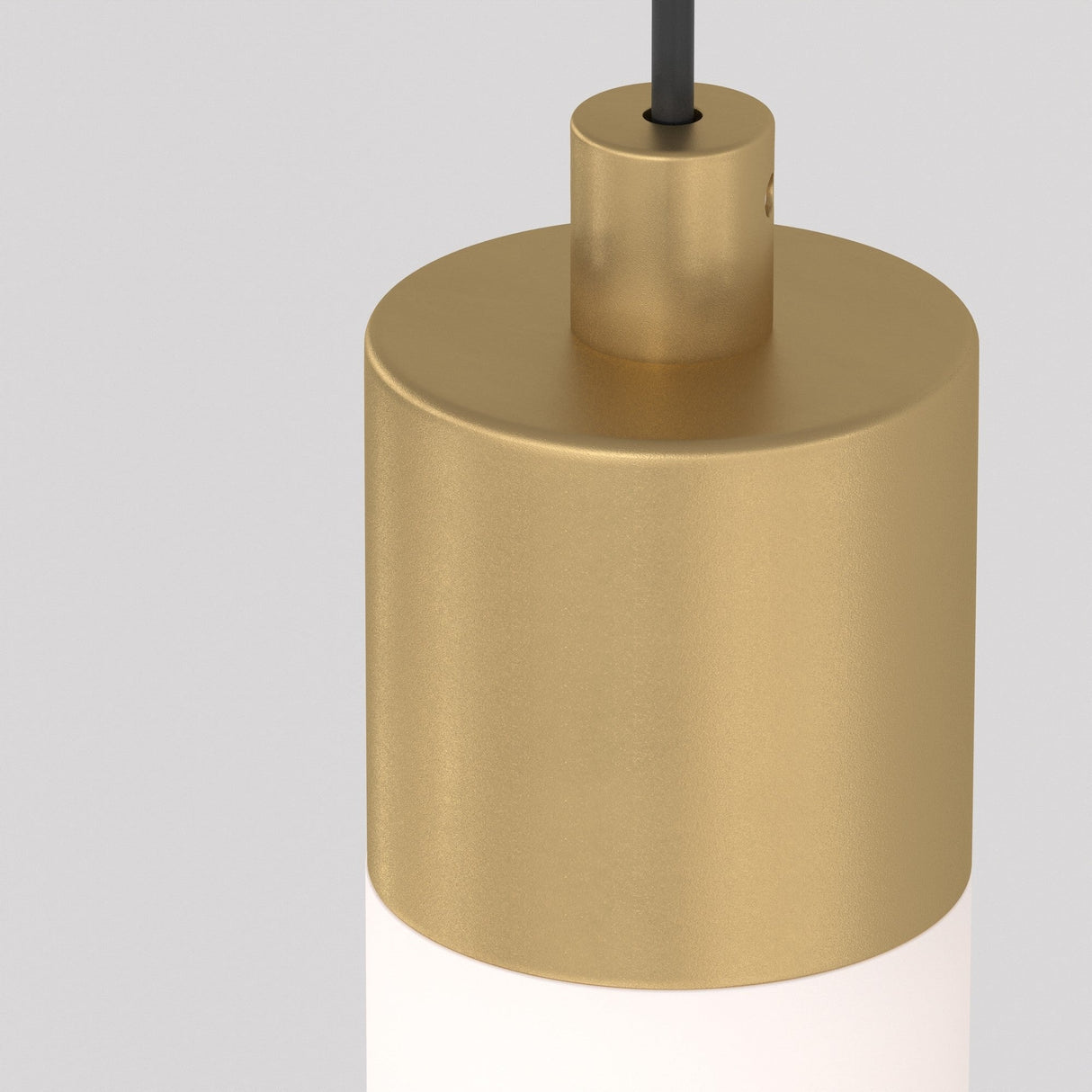 The Ray LED Short Pendant Light - Gold & White features a matte gold top and white lower section with a cylindrical design. A black cord extends from the top against a gray background, highlighting its elegant appearance and adjustable height lighting feature.