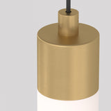 The Ray LED Short Pendant Light - Gold & White features a matte gold top and white lower section with a cylindrical design. A black cord extends from the top against a gray background, highlighting its elegant appearance and adjustable height lighting feature.
