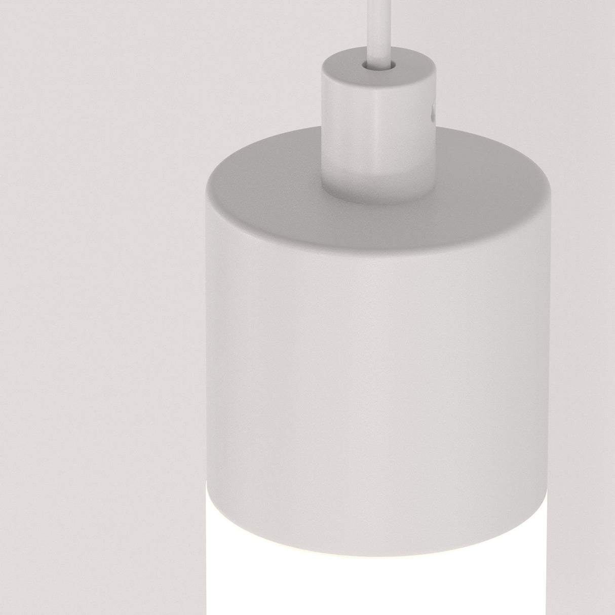 Close-up of the Ray LED Short Pendant Light - White with a smooth finish, suspended by a ceiling cable, glowing warmly and perfect for modern interiors against a plain white background.