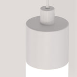 Close-up of the Ray LED Short Pendant Light - White with a smooth finish, suspended by a ceiling cable, glowing warmly and perfect for modern interiors against a plain white background.