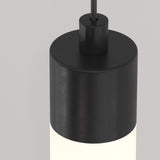 The Ray LED Long Pendant Light features a matte black top, white frosted glass bottom, suspended by a black cord against a light gray background, making it an energy-efficient choice for minimalist interiors.