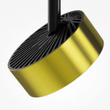 The Rado CCT LED Dimmable Spotlight features a modern cylindrical gold-colored shade with a black radial-patterned top, hanging from a black rod. It incorporates smart lighting technology, set against a plain white background.