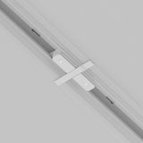 Close-up of the Unity Tracks Recessed Straight Connector - White, featuring a single metal connector and two screws, seamlessly integrating into the sleek lighting system. The diagonal white rail against a light gray background resembles recessed track lighting.