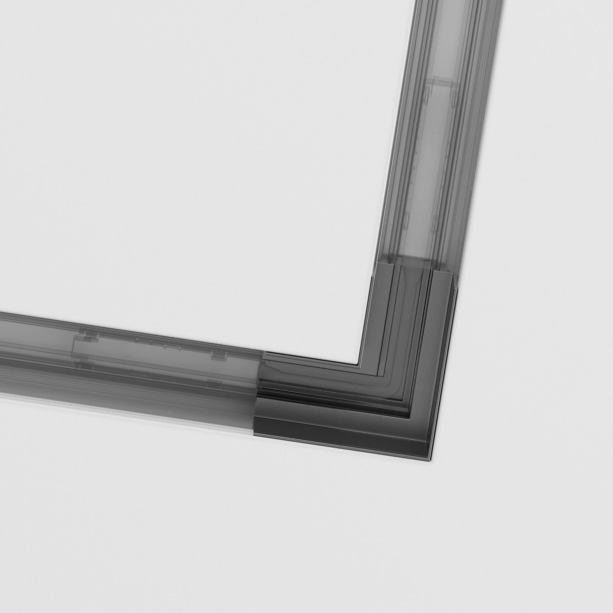 Close-up of the S35 Tracks Recessed L-Shape Corner Connector in black against a white background, showcasing its layered gray and black design. This sleek, modern frame corner has a minimalist aesthetic, ideal for contemporary interiors.
