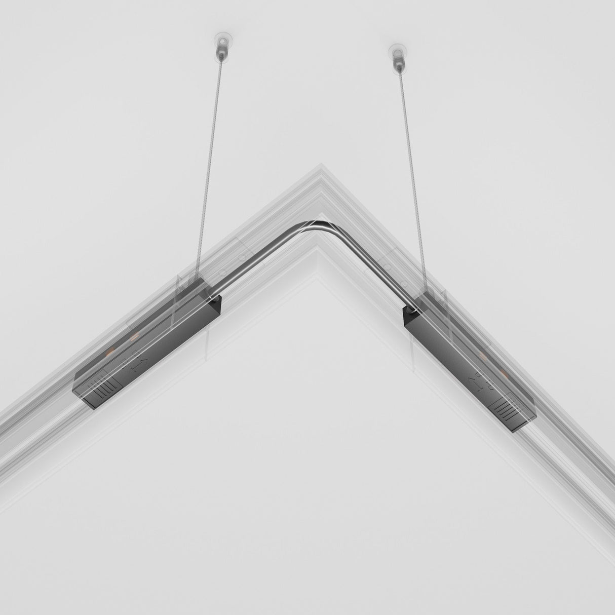 The Exility Track Flexible Corner Power Connector - Black, a modern and sleek pendant light fixture with a bent design, is suspended by two cables in contemporary interiors. It features two linear segments meeting at a right angle and integrates seamlessly with the white ceiling above.