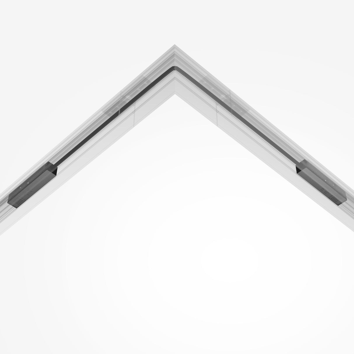 A modern ceiling design showcases an inverted V-shape with white finish and clean lines, featuring integrated Exility Track Flexible Corner Power Connector 50cm - Black on each side for track lighting.