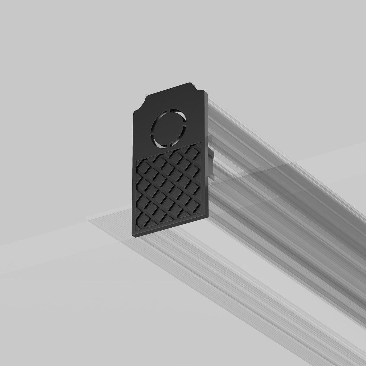 The Exility End Cap 2-Pack for Built-in Tracks in black features a minimalistic design with a rectangular shape and circular cutout. Its recessed magnetic track placement highlights its seamless blend of form and function against a light gray backdrop.