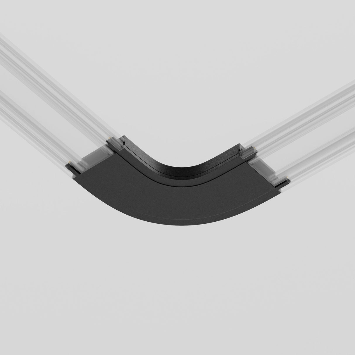 The Radity Magnetic Track Curved Power Connector in black links two transparent rails at a right angle with a sleek design, fitting seamlessly against a gray background to complement Radity Lighting solutions.