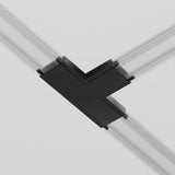 A close-up showcases the Radity Magnetic Track T-Shaped Power Connector in black, featuring intersecting transparent rods forming a T-shape design against a plain light background.