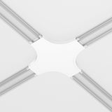 A ceiling view highlights a modern intersection of four linear lights, each extending from the central Radity Magnetic Track X-Shaped Power Connector in white, seamlessly integrated into a sleek magnetic track system against a pristine white background.