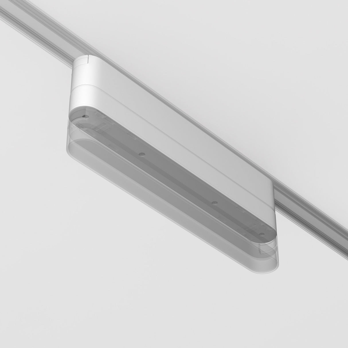 The Radity Magnetic Track Long Adaptor - White is a sleek, modern track light with a curved design, perfect for minimalist interiors. It features an elongated shape and a magnetic adaptor for easy ceiling rail adjustments, adding contemporary elegance to any space.