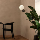 A minimalistic room includes a black wooden chair near a textured beige wall. A Nostalgia Wall Light - Black & Gold with a frosted blown glass dome casts a warm glow, while a large potted plant with lush green leaves enhances the modern setting.