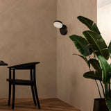 A minimalist room includes a black chair, a potted plant with large green leaves, and a Fad Dimmable LED Adjustable Wall Light - Black on a beige wall. The light casts a soft glow, creating a serene atmosphere in this modern lighting setup.