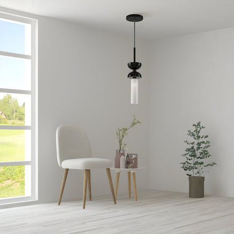 Minimalist room with a beige chair and small round table holding flowers. A Kyoto Pendant Light - Black & Black Marble Base hangs above. A large window reveals a green landscape, while a potted plant rests on the floor. Light-colored walls and flooring enhance the customizable lighting options.
