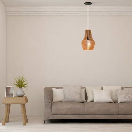 A minimalist living room showcases a beige couch with assorted cushions. A small wooden side table on the left holds a vase of greenery. Overhead, a Roots Pendant Light 30cm - Black with Beige Wooden Cone Dome Shade from the modern nature collection softly illuminates the space.