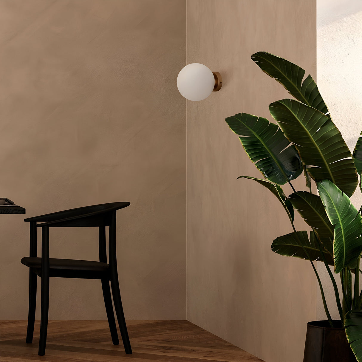 A sleek, modern interior features minimalist design with a black wooden chair, a table, and a large green plant. The Basic Form Medium Frosted Ball Wall Light - Gold casts soft light on beige textured walls, enhancing the inviting ambiance.