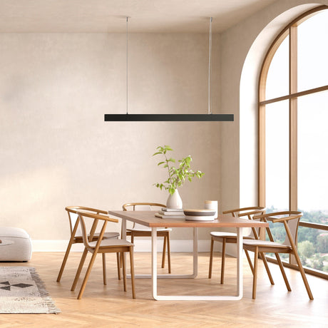 Elegant BASIS LED Linear Suspension Light in black, perfect for minimalist spaces seeking refined illumination.