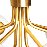Close-up of the Ivy 18 Light Chandelier - Brass, featuring modern gold metal arms in a brass finish extending outward to opal glass shades, set against a white background.